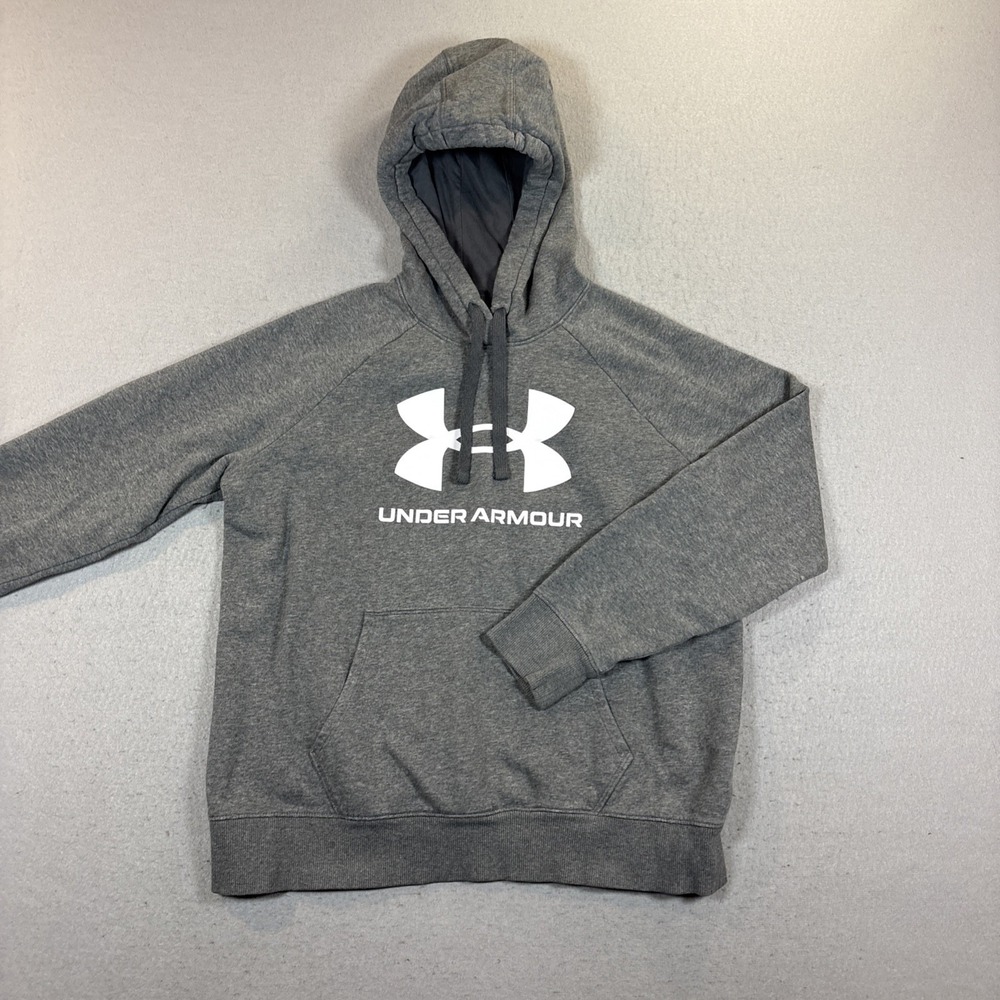 Under Armour Hoodie Mens Medium Gray Rival Loose Fleece Big Logo Sweatshirt